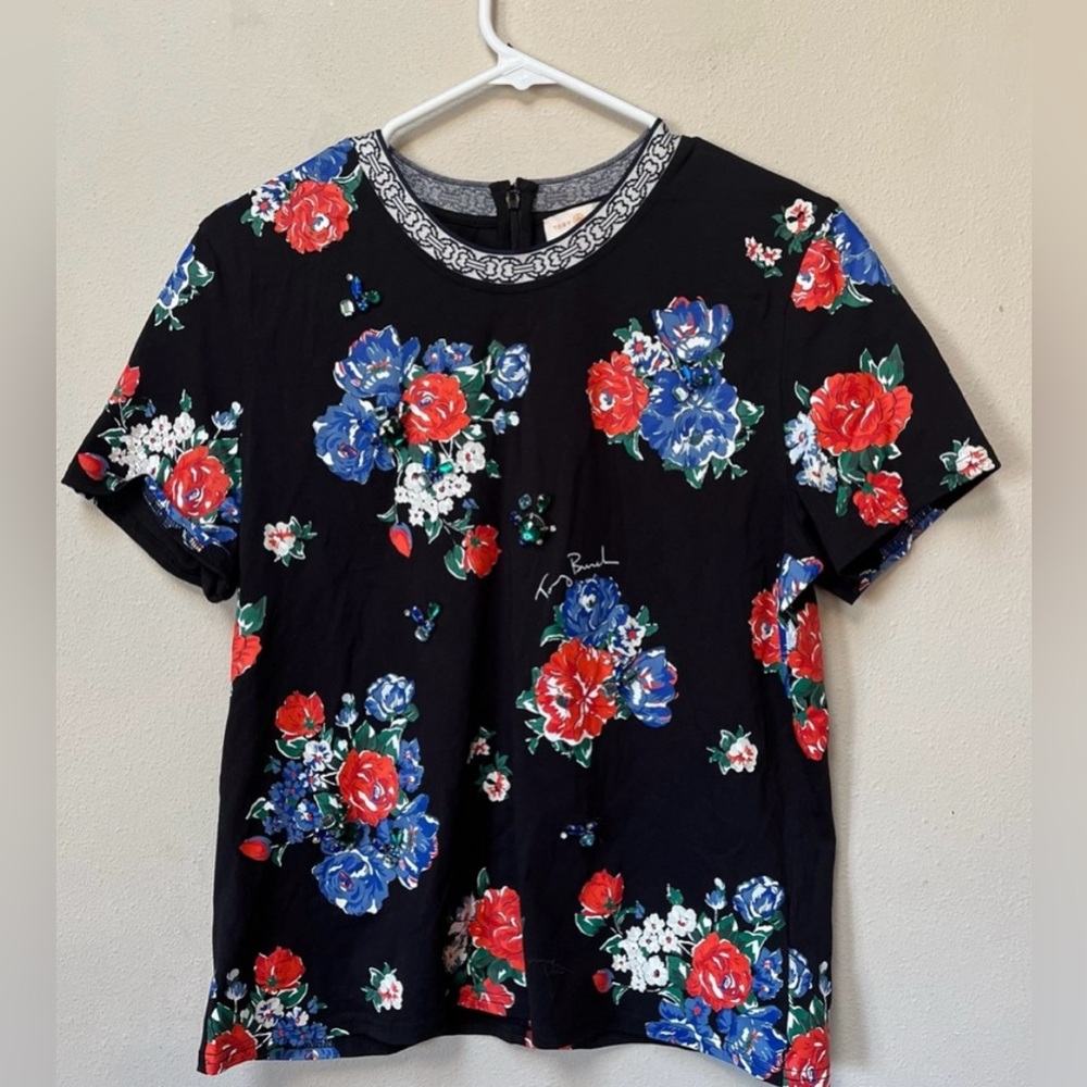 Tory Burch Women’s Red Floral Print Rhinestone Embellished Gemini T-shirt Large